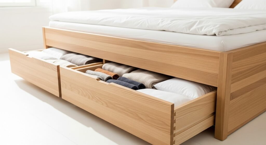 bed frame with drawers open showing organized storage