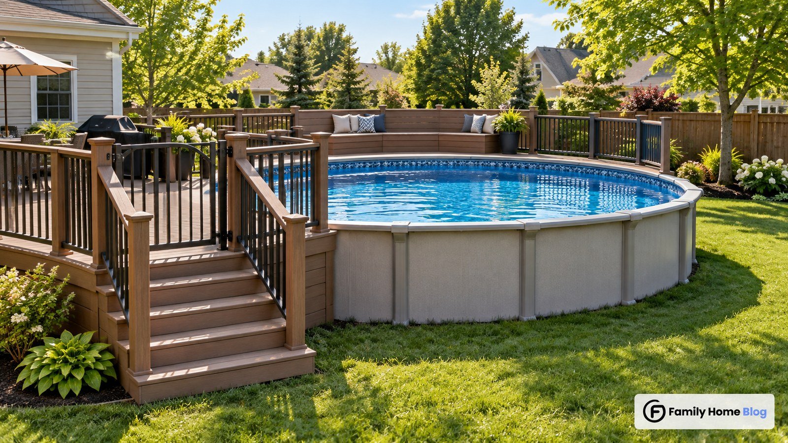 Above ground pool deck ideas showing a wraparound wood deck with safety railing and stairs