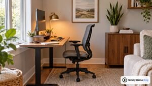 Best decor ideas for home office with an ergonomic desk, warm lamp, rug, and shelving