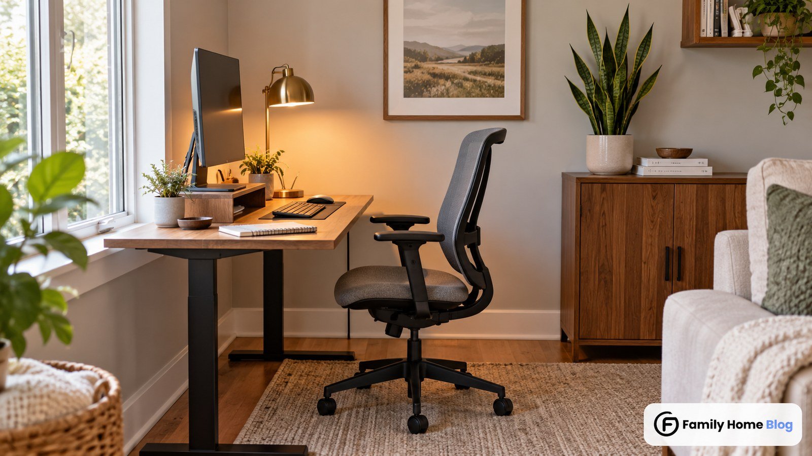 Best decor ideas for home office with an ergonomic desk, warm lamp, rug, and shelving