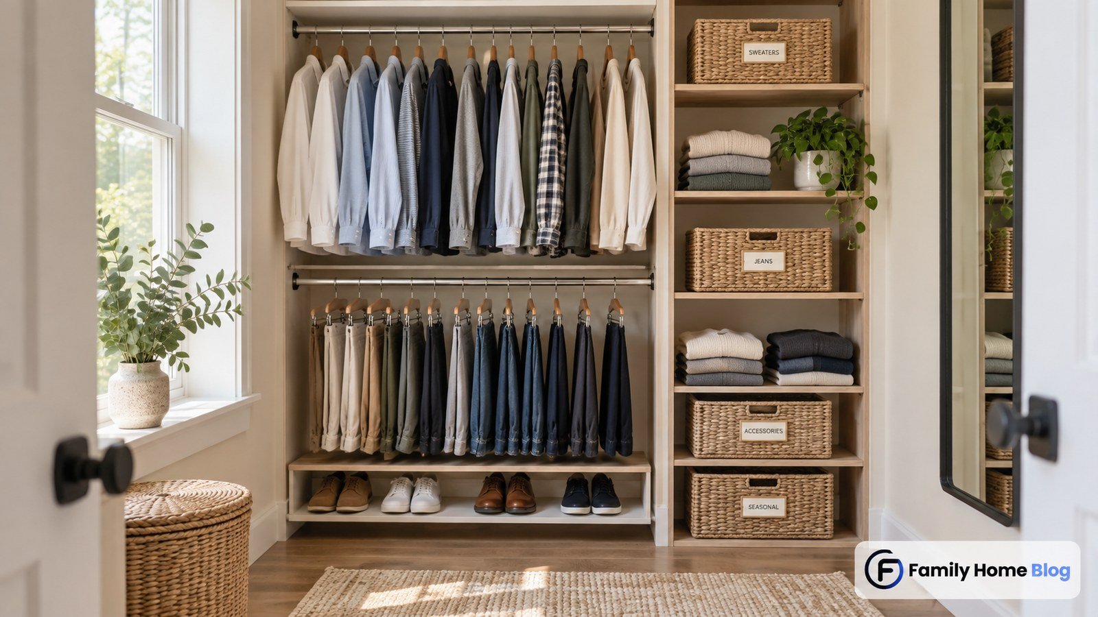 Organized bedroom closet with double hanging rods and labeled storage bins