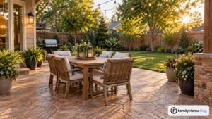 Stamped concrete patio ideas showing stone-look pavers, string lights, and outdoor furniture
