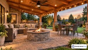 Covered patio ideas shown in a furnished backyard room with dining table, lounge seating and a ceiling fan under a solid roof