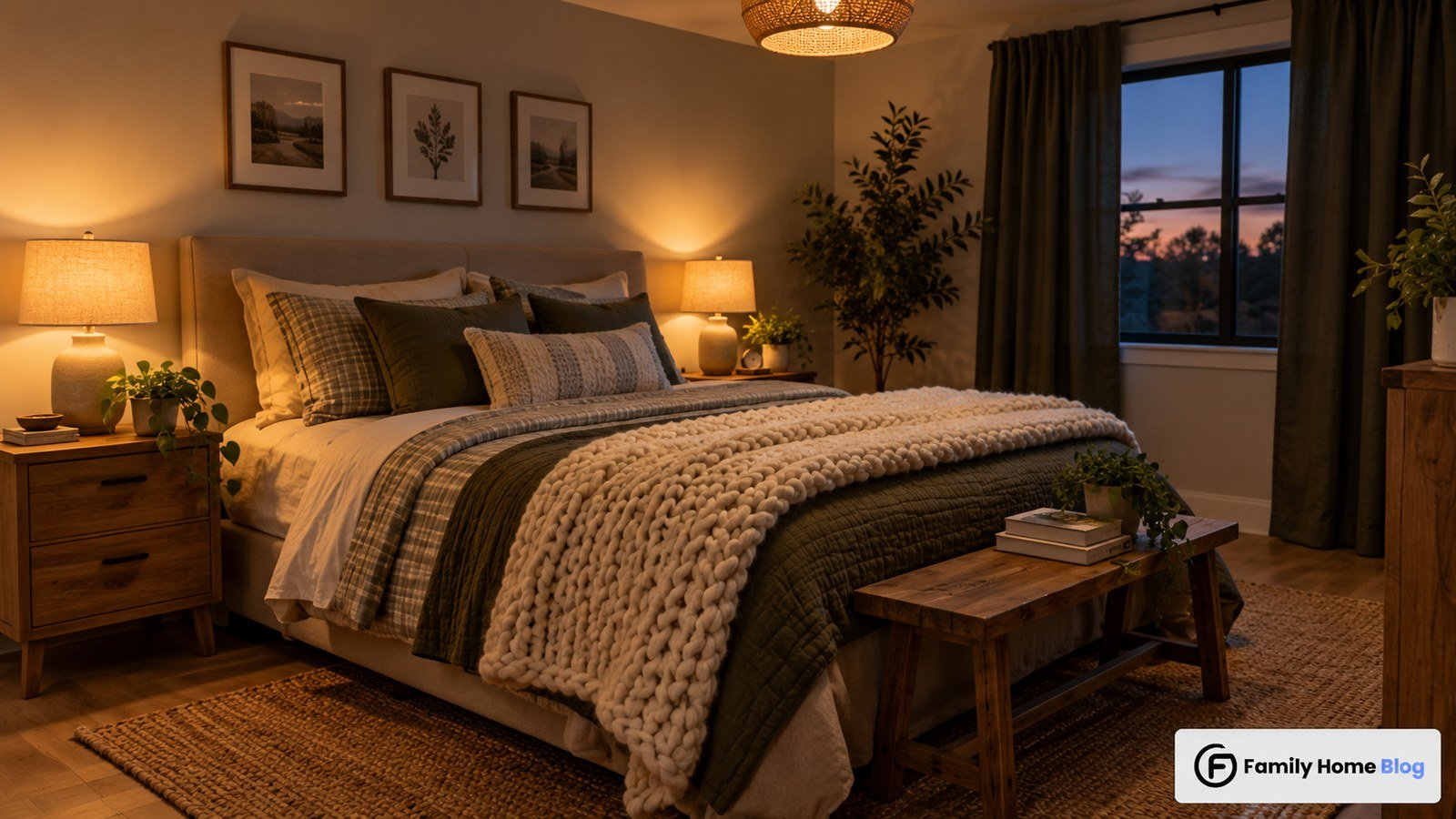 Cozy bedroom ideas showing layered warm lighting, a wool throw, and soft linens