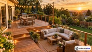 Multi-level backyard deck design ideas with wood railing and dining area