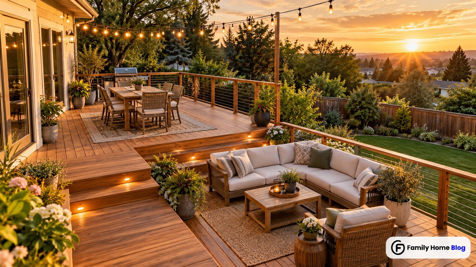 Multi-level backyard deck design ideas with wood railing and dining area