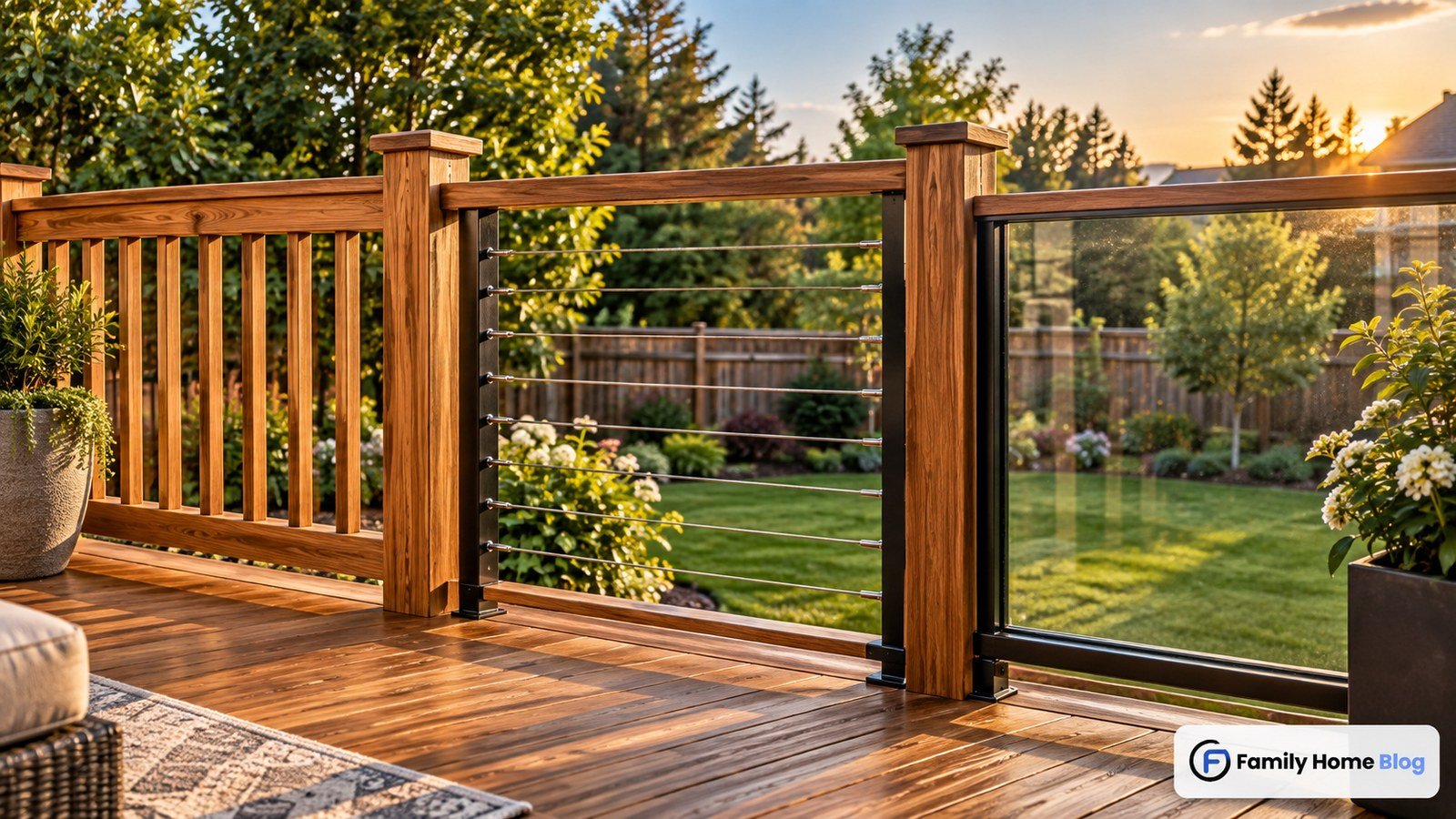 Deck railing ideas shown with wood, cable and glass options outdoors