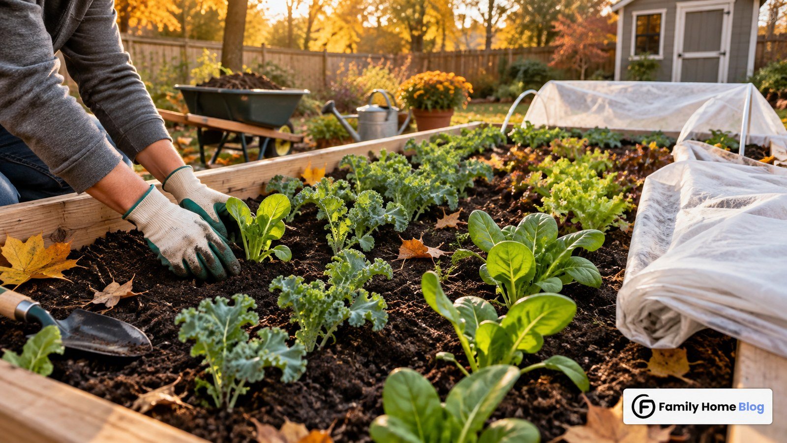 Gardener planting fall vegetable garden rows of kale and lettuce