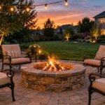 Stone patio fire pit with wraparound seating at a safe distance from the house