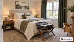 Guest bedroom ideas featuring a queen bed, luggage rack, and blackout curtains