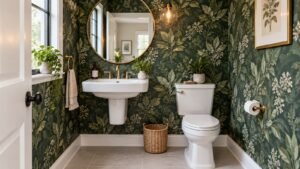 Small half bathroom remodel with bold wallpaper and pedestal sink