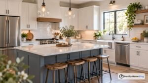 Bright kitchen remodel ideas showing white shaker cabinets, an island, and quartz counters