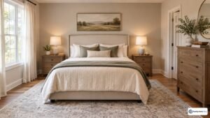 Master bedroom ideas shown in a calm, well-arranged primary bedroom with a queen bed