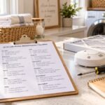 Monthly home maintenance checklist on a clipboard beside HVAC filter and tools