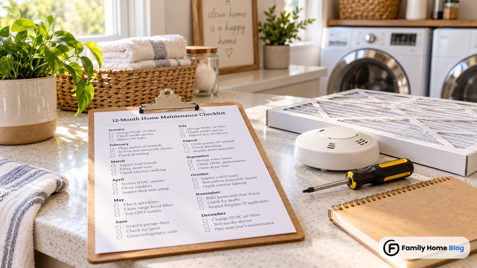 Monthly home maintenance checklist on a clipboard beside HVAC filter and tools