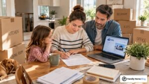 Family checking off a change of address checklist beside moving boxes