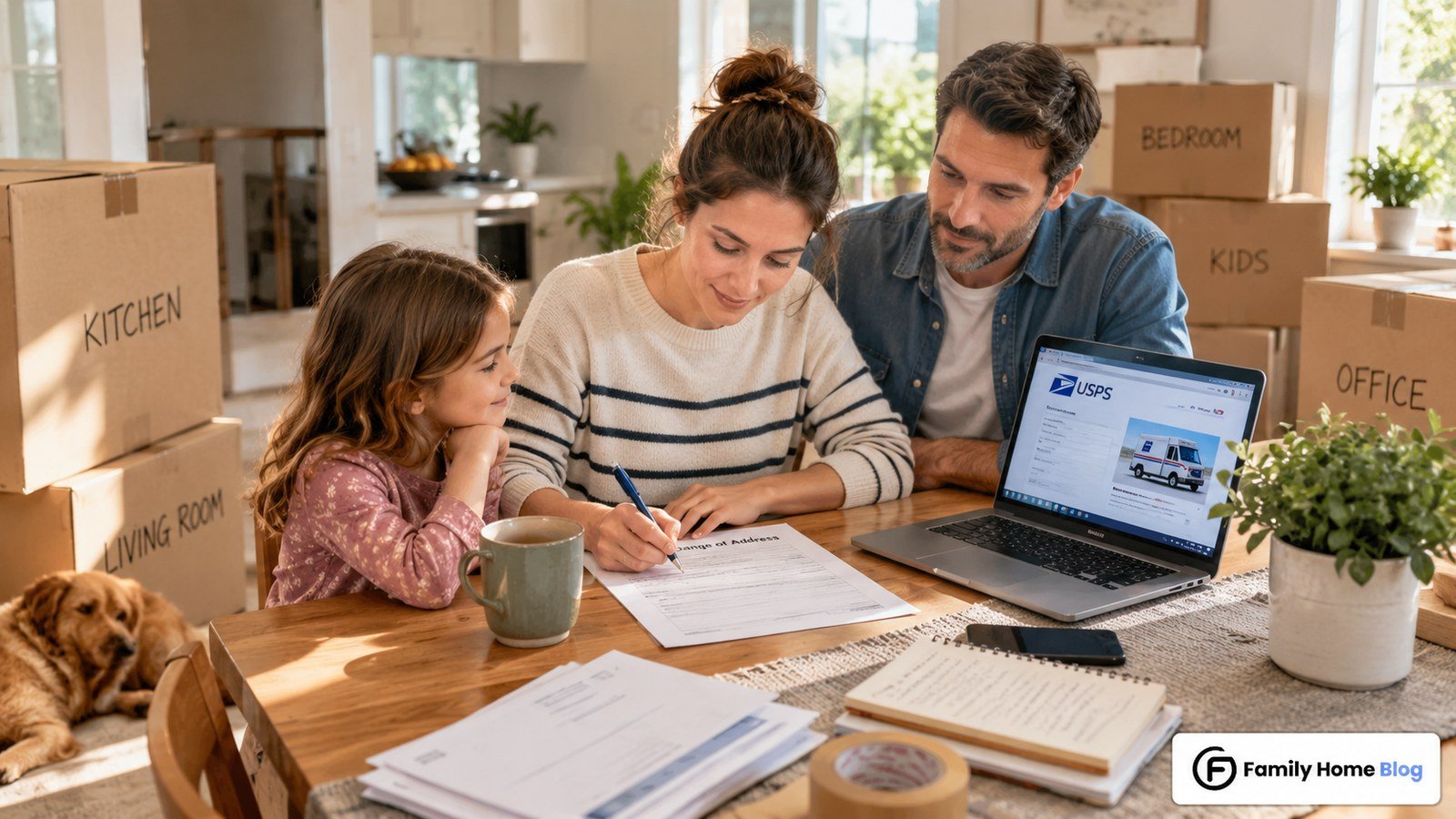 Family checking off a change of address checklist beside moving boxes