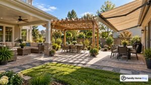 Comparison of patio cover ideas including a solid roof, a wood pergola and a retractable awning over a backyard patio