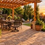 Wood pergola ideas for patio with string lights over an outdoor dining set