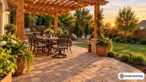 Wood pergola ideas for patio with string lights over an outdoor dining set