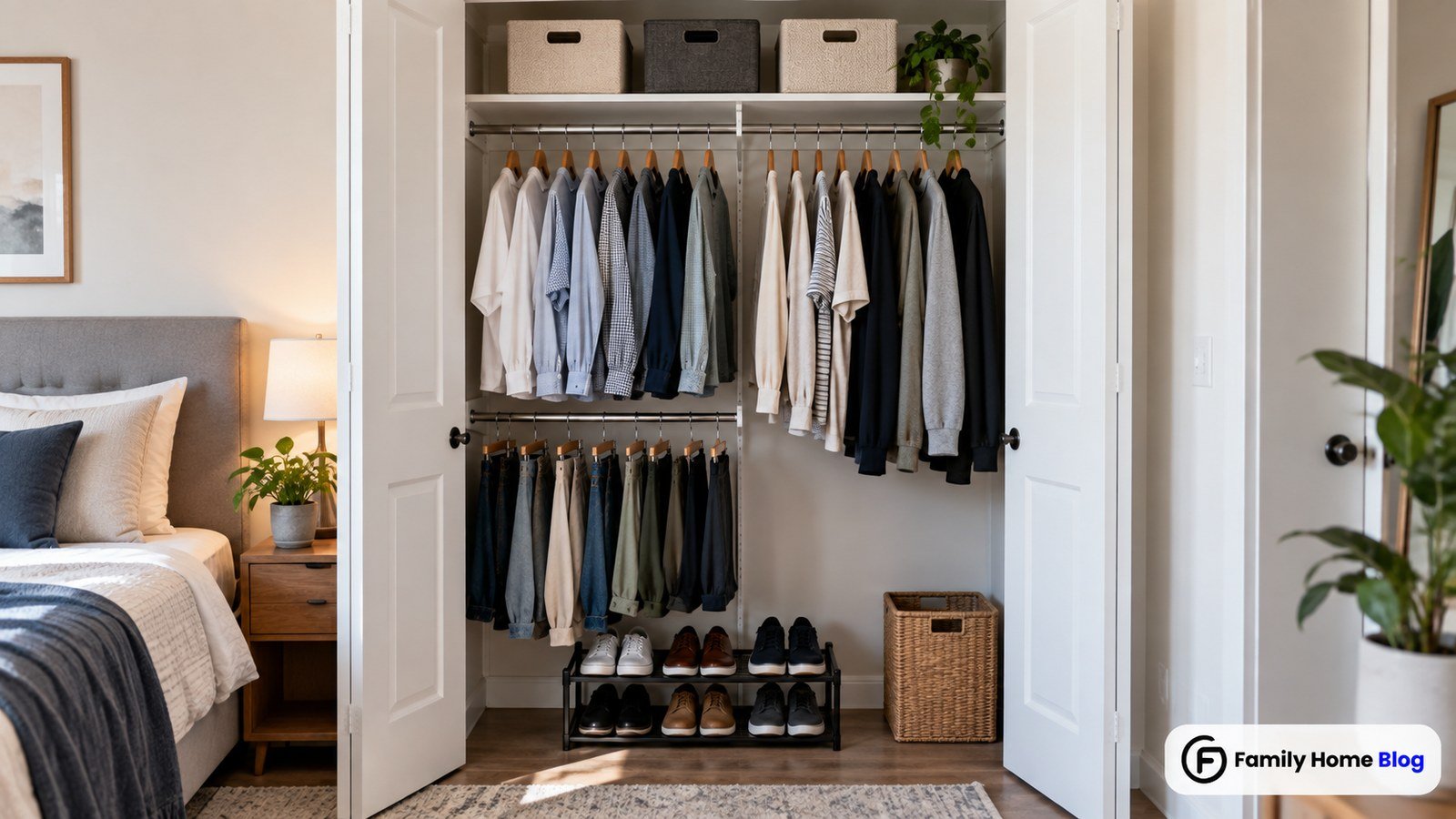 Small closet ideas for bedroom with double hanging rods and folded shelves