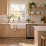 Small kitchen remodel with light cabinets, compact island, and open shelving