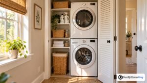 Small laundry room ideas featuring a stacked washer and dryer in a bright closet