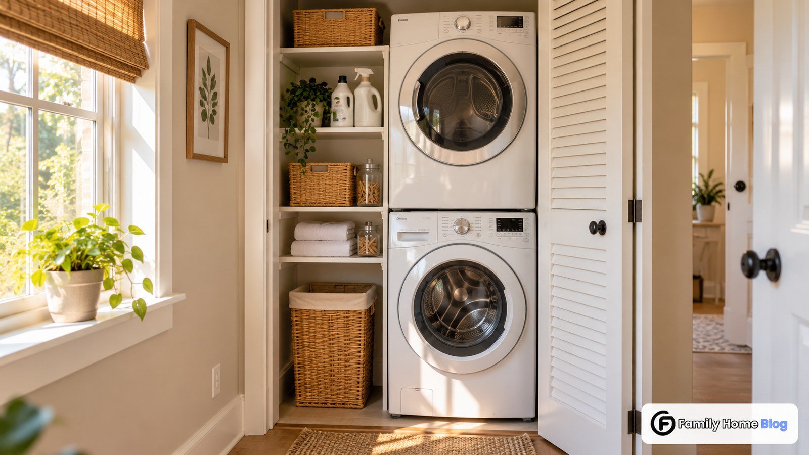 Small laundry room ideas featuring a stacked washer and dryer in a bright closet