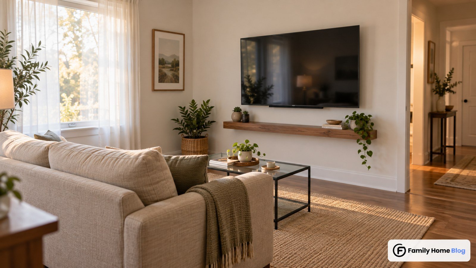 Small living room ideas with a TV: compact sofa, wall-mounted television, and open walking space