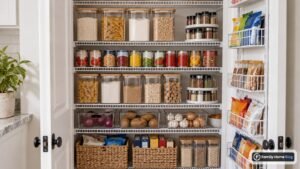 Small pantry organization system with shallow shelves and labeled clear containers