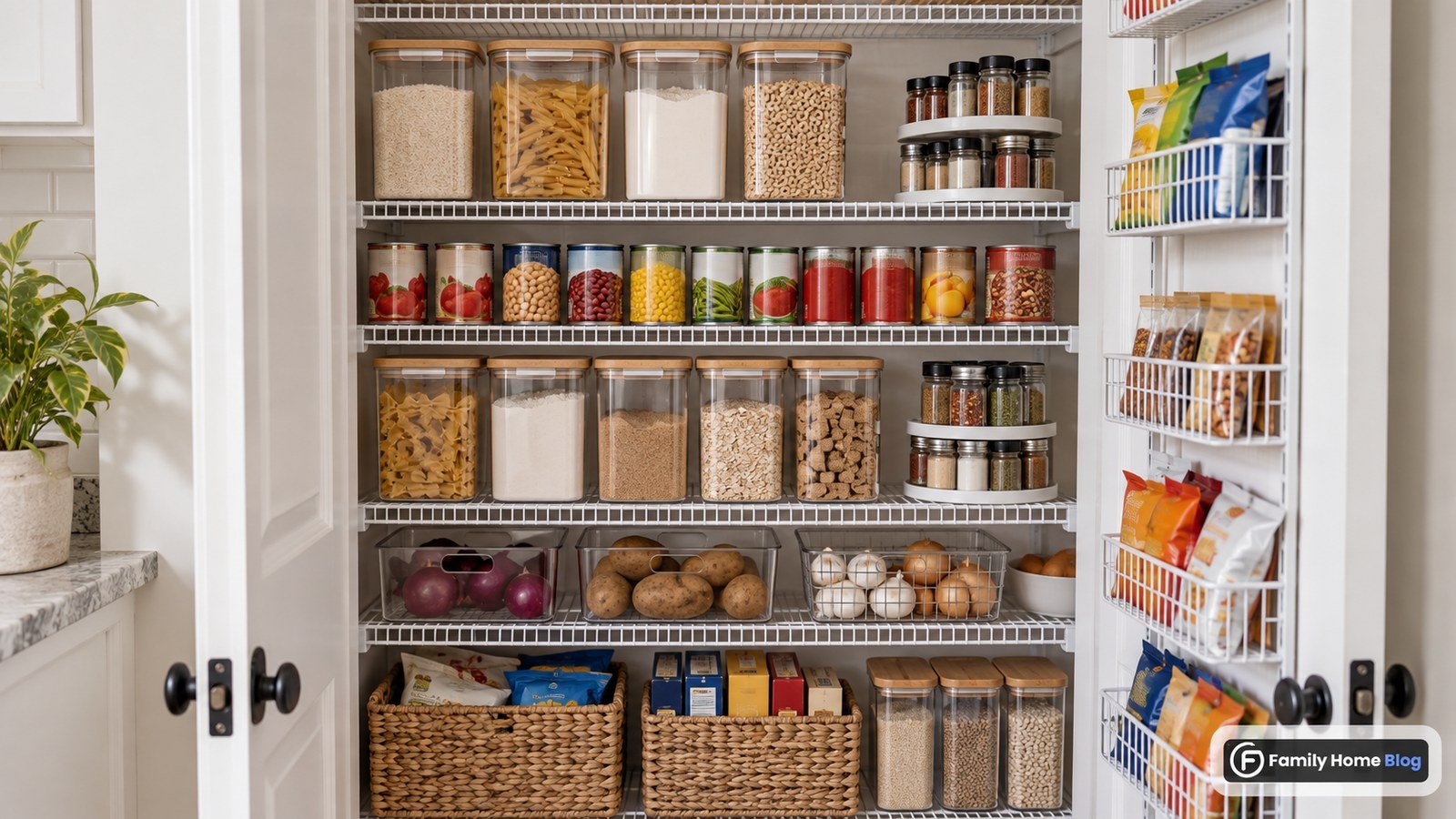 Small pantry organization system with shallow shelves and labeled clear containers