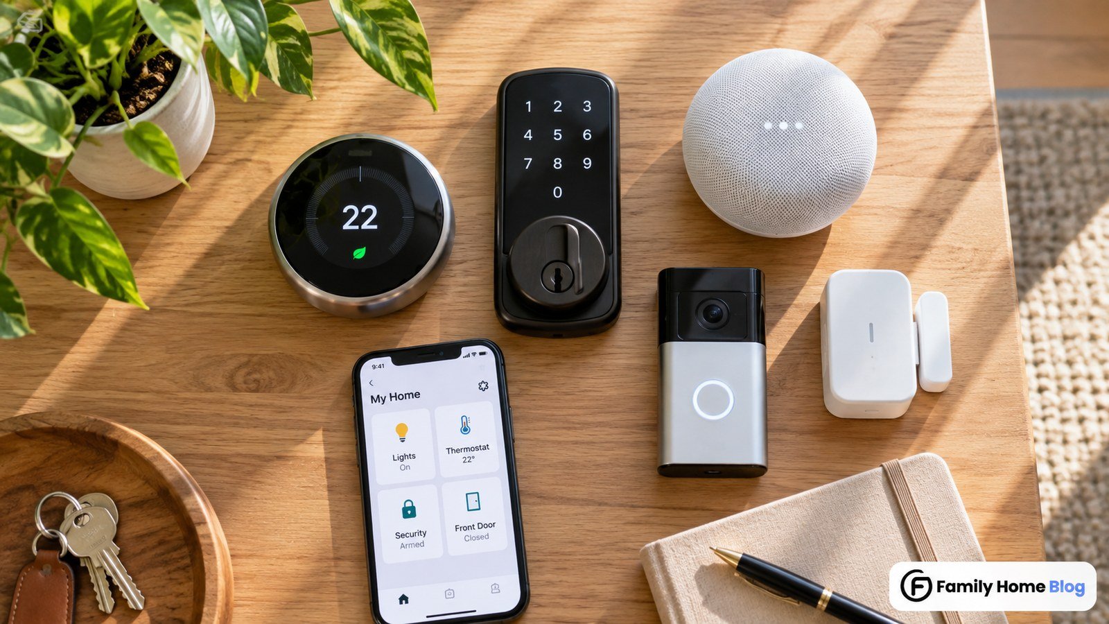 Smart home IoT devices including a thermostat, lock and camera on a table