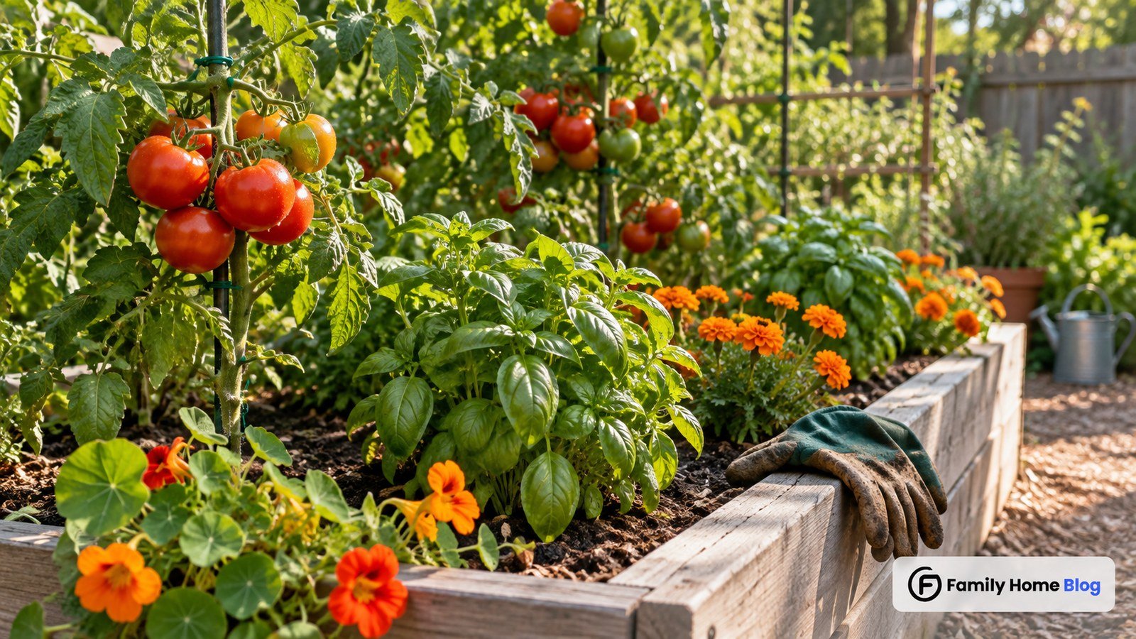 Vegetable garden companion planting bed with tomatoes, basil, and marigolds growing together