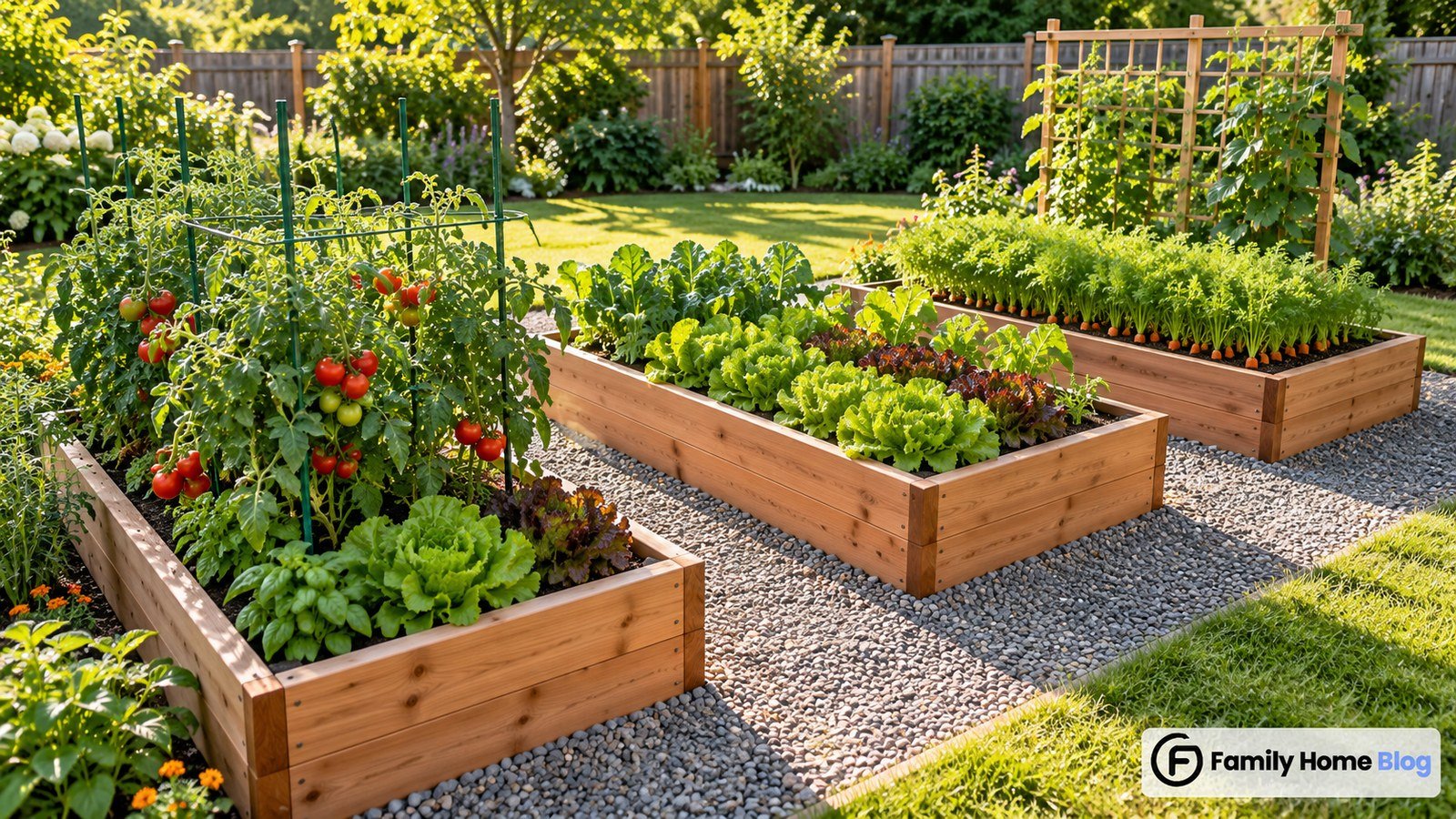 Raised wood vegetable garden design with wide beds and gravel paths