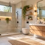 Modern bathroom remodel with a frameless glass walk-in shower, light tile and a floating wood vanity