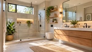 Modern bathroom remodel with a frameless glass walk-in shower, light tile and a floating wood vanity