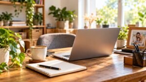 Small family business owner desk with a laptop, notebook and coffee in a bright, welcoming workspace