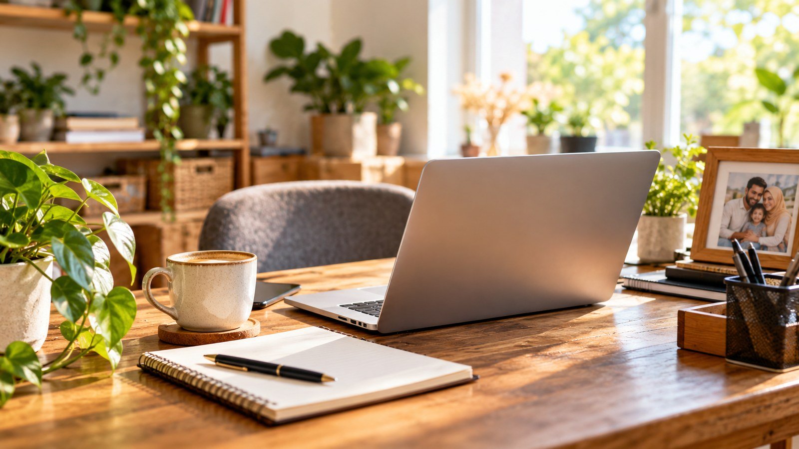Small family business owner desk with a laptop, notebook and coffee in a bright, welcoming workspace
