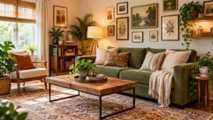 Cozy living room refreshed with budget decor including plants, throw pillows, a rug and framed art