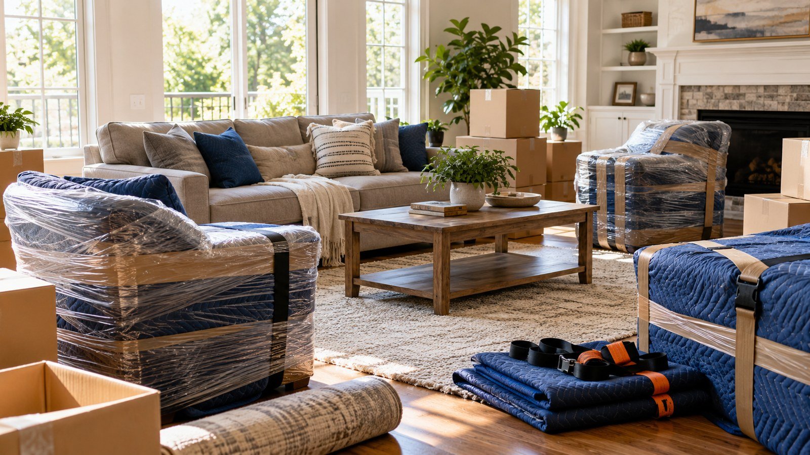 Living room furniture wrapped in moving blankets and straps with cardboard boxes ready for a move